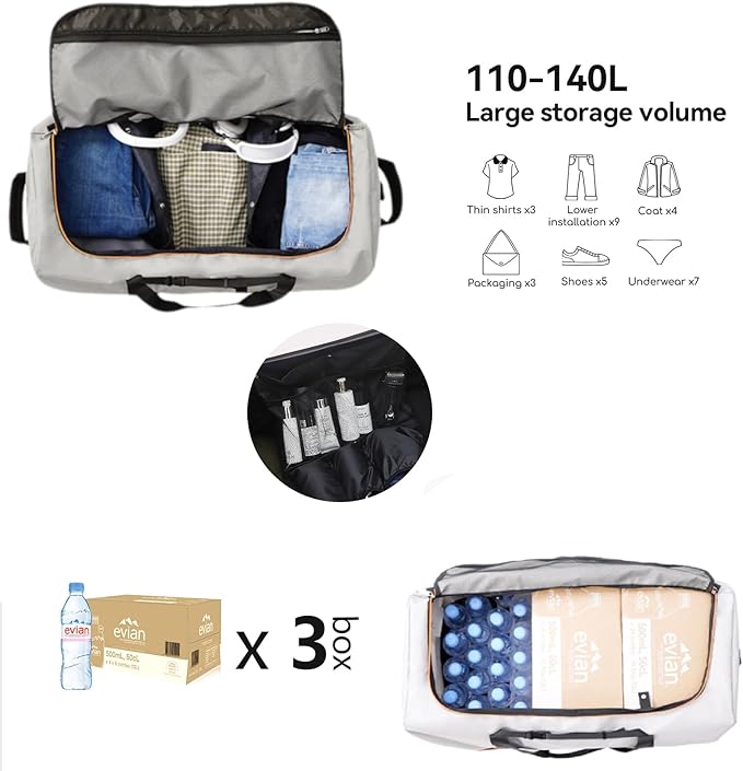 32” 1680D Oxford Foldable Duffle Bag with 2 Wheels,110L to 140L Expandable Soft Sided Rolling Travel Bag,Grey