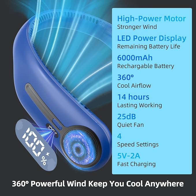Portable Neck Fan,Hands Free Personal Wearable Bladeless Fan,6000mAh USB Rechargeable,360° Cooling,LED Display,4-Speeds,Birthday Gifts for Men Women Dad Mom,Stocking Stuffers Christmas Gifts (Navy)