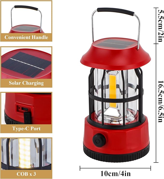 TRIROCKS Set of 2 LED Solar Camping Lantern Dimmable Rechargeable Lantern IPX3 Water-Resistant Portable Emergency Lights Outdoor Camping Lights for Camping Home Power Outage Hurricane Hiking (Red)