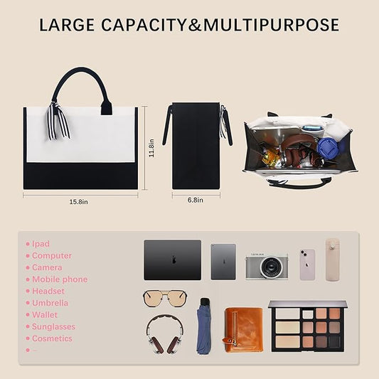 OKBA Personalized Classic Canvas Tote Bag(Black and White), for Wedding, Birthday, Beach, Perfect Gifts for Women