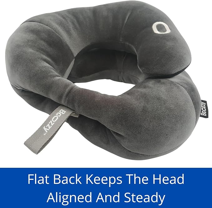 BCOZZY Flat Back Travel Neck Pillow – Patented Neck Pain Relief & Support for Head, Neck, and Chin. Ideal for Airplanes, Long Flights, Car Rides. Adjustable, Washable, with Carry Bag. Large, Navy