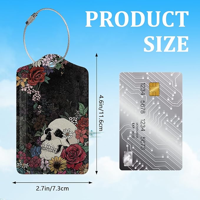 2 Pack Luggage Tag for Suitcase,Skull Flowers Luggage Tag with PU Leather Privacy Cover ID Label & Stainless Steel Loop for Women Men Travel Bag Suitcase