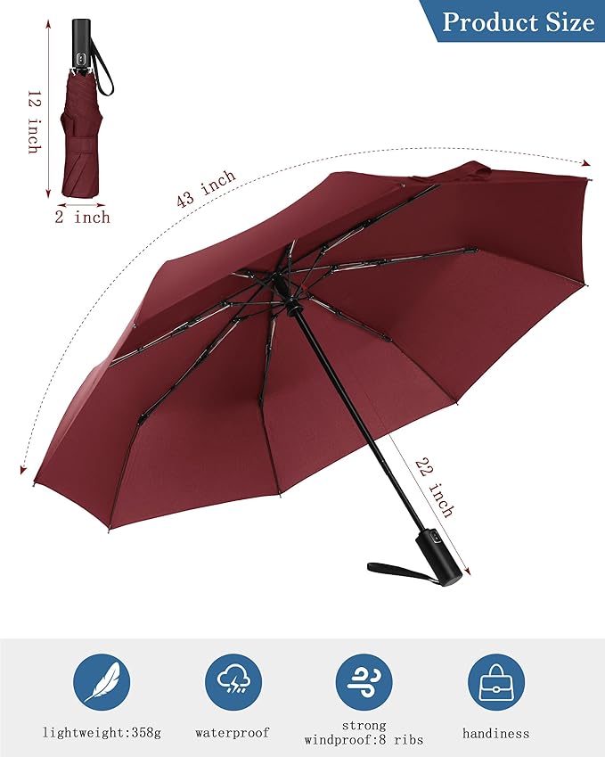 Windproof Travel Umbrella, Automatic Folding Compact Lightweight Umbrella for Women & Men, Durable and Portable, Fits Easily in Purse or Backpack