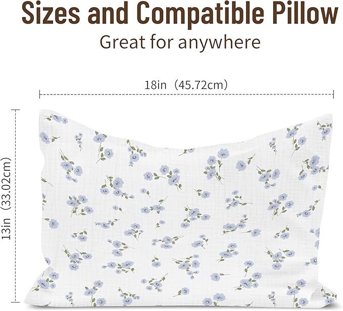 Toddler Pillowcases for 13"x18" Pillow 2 Pack, Muslin Small Toddler Baby Kids Travel Pillow Covers for Boys Girls with Envelope Closure (Flower I & Light Blue, 13 x 18 Inch)