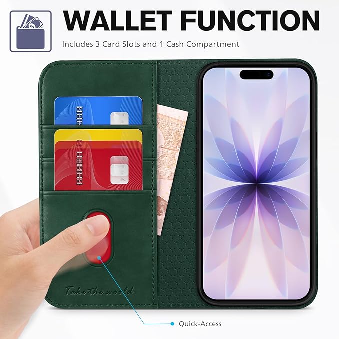TUCCH Wallet Case for iPhone 17 (6.3") 2025, 3 Credit Card Holders, RFID Blocking, Stand, PU Leather, Shockproof TPU Interior Shell, Protective Flip Folio Cover, Midnight Green