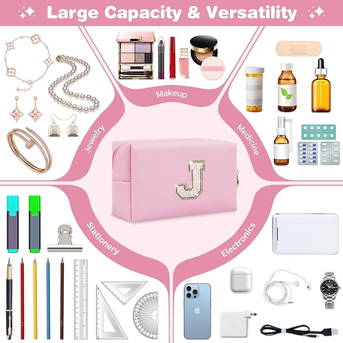 Small Personalized Initial A-Z Patch Makeup Bag,Pink Cute PU Leather Glitter Letter Cosmetic Bag for Teen Girls,Travel Toiletry Bag with Zipper,Preppy Monogrammed Birthday Gift for Daughter Niece J