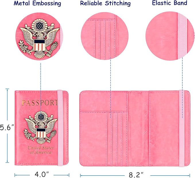 TOURSUIT RFID Blocking Passport Holder for Women Men, Leather Passport Travel Wallet with Metal 3D Metal Badge, Travel Document Holder Cover Accessories (Pink)