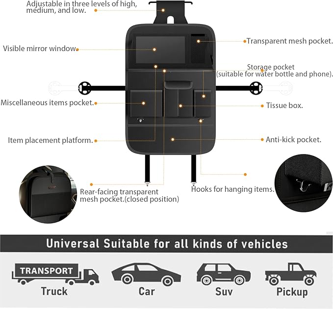 Car Seat Organizers,Multi-functional Back Seat Protectors, Storage Pouches, and Tray Holders (for Cars, Kids, Seat Back and Rear Seats) (Plain Black, 1 Pcs)