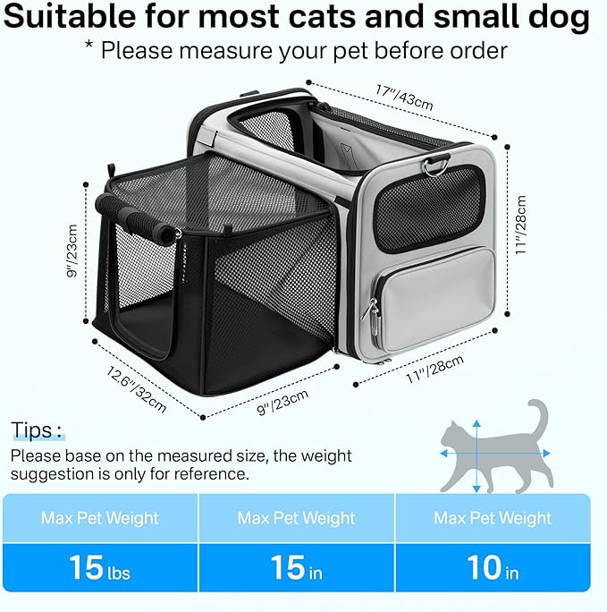 Cat Carrier Soft for Travel & Vet Visits, Expandable Soft Pet Carrier for Cats Up to 15 lbs, Breathable & Cozy Cat Bag Carrier, Airline Approved Portable Pet Travel Carrier, Black