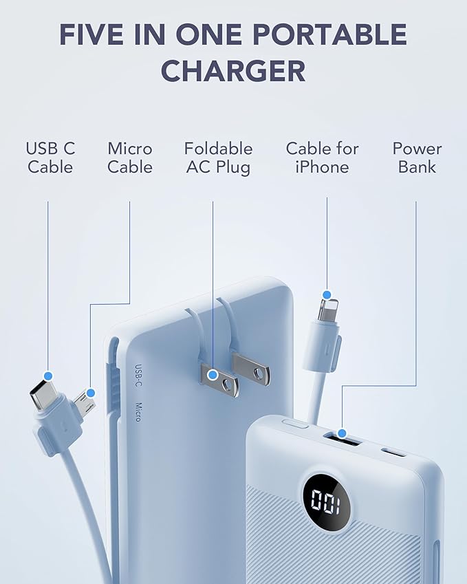 VRURC Portable Charger Built-in Cables and AC Wall Plug, USB C Power Bank 10000mAh, Travel Essentials Phone Charger Compact Lightweight External Battery Pack for Smart Phones, Tablets etc-Blue