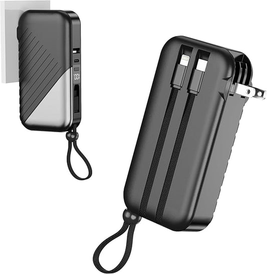 10000mAh Portable Charger Power Bank with Built-in Cable 27W Portable Charger with Wall Plug Portable Cell Phone Charger for iphone Mobile Charger Power Bank for Android Galaxy Android etc, Black