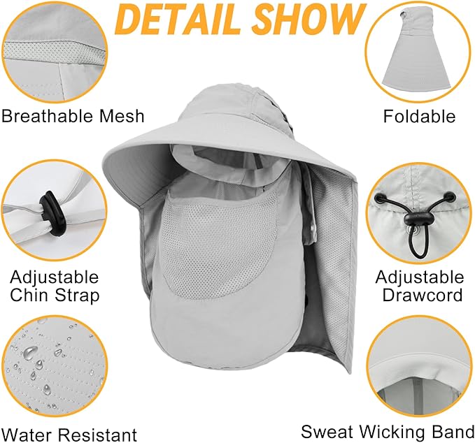 Sun Hats for Men Women Detachable Face Cover Wide Brim Fishing Hats with Neck Flap UPF 50+ Outdoor Safari Hats