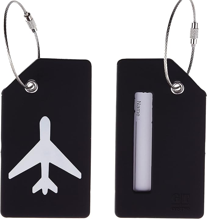 Gostwo 2 Pack Silicone Luggage Tags for Suitcases, 26 Initial Letter Baggage Labels Handbag School Bag Suitcase Instrument Tag with Stainless Steel Loop(Black)(Airplane)