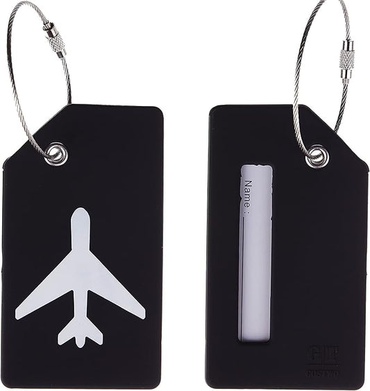 Gostwo 2 Pack Silicone Luggage Tags for Suitcases, 26 Initial Letter Baggage Labels Handbag School Bag Suitcase Instrument Tag with Stainless Steel Loop(Black)(Airplane)