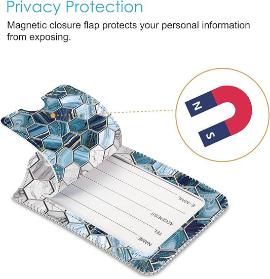 Fintie Luggage Tags, Privacy Cover ID Label with Stainless Steel Loop and Address Card for Travel Bag Suitcase, Agate Hexagons (2 Piece)