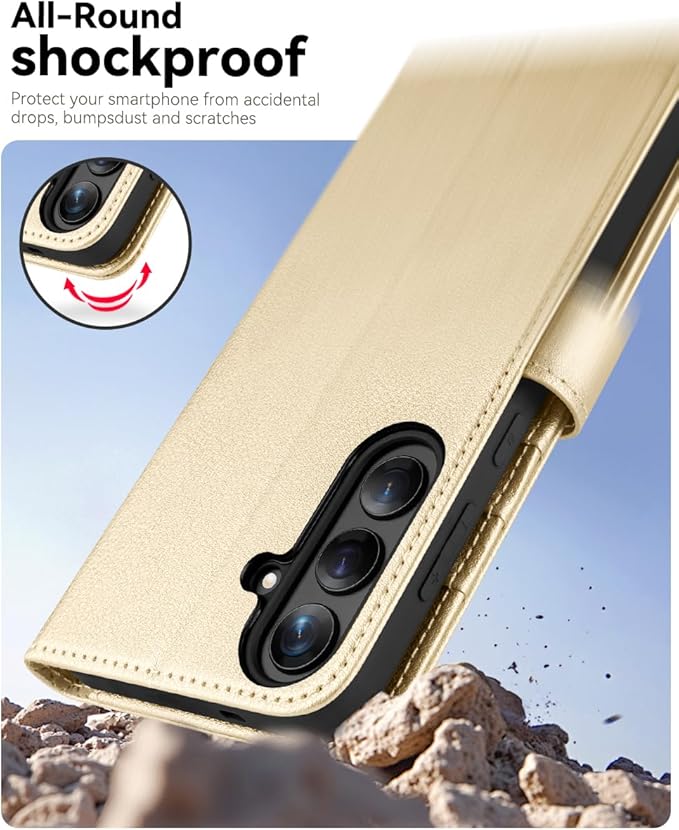 OCASE Compatible with Galaxy S25 Wallet Case, PU Leather Flip Folio Case with Card Holders RFID Blocking Kickstand [Shockproof TPU Inner Shell] Protective Phone Cover 6.2 Inch 2025, Gold
