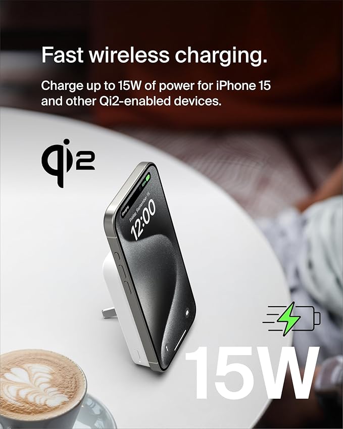 Belkin Portable Charger, Wireless Power Bank 15W 8000 mAh w/ Qi2 - MagSafe Charger w/Built-in Pop-up Kickstand - iPhone 17, Air, Pro, Pro Max, AirPods, Apple Watch, Google Pixel 10, etc. - White