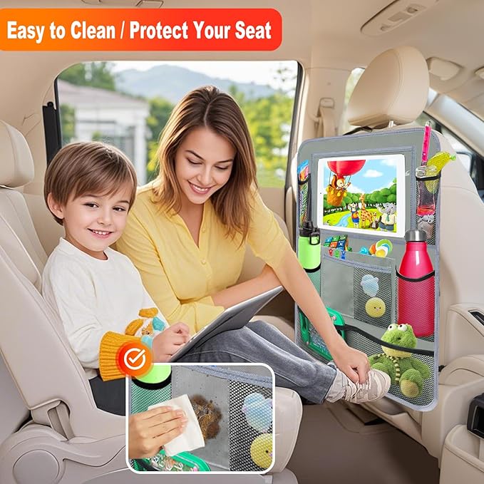 Car Backseat Organizer ，2 Pack Car Organizer Back Seat with 11" Tablet Holder, 10 Storage Pockets Seat Back Protectors Kick Mats for Kids Toddlers, Travel Accessories (Grey)