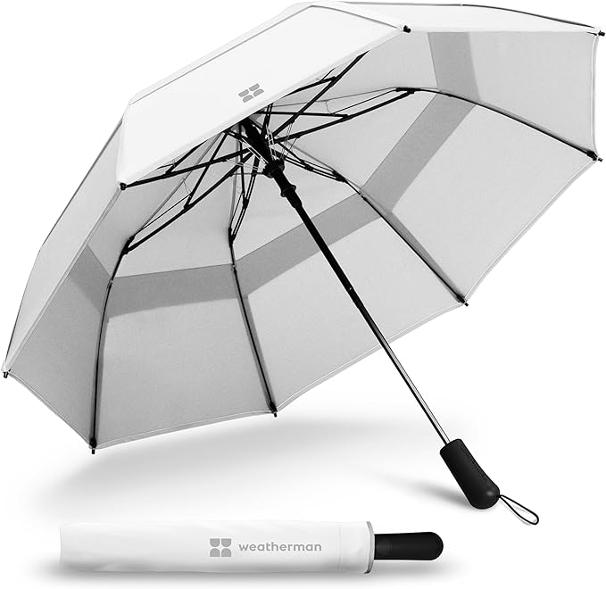 Weatherman Premium Collapsible Small Travel Umbrella Compact - Windproof, Resists Up to 55 MPH Winds - Foldable Travel Umbrellas for Rain & Wind - Easy Auto Open w/Strong Fiberglass Frame (White)