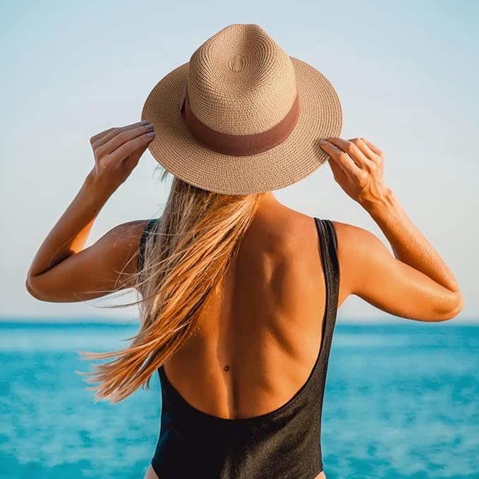 DRESHOW Women Straw Panama Hat Travel Fedora Beach Sun Hat Summer Wide Brim Straw Roll up Hat UPF 50+