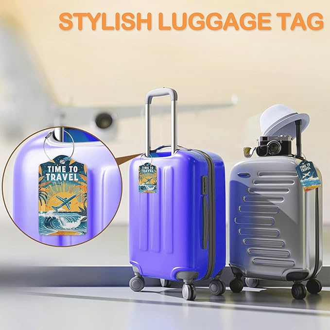 Vintage Airplane Beach Travel 3 Pack Luggage Tags for Suitcases, Tropical Sunset Flight PU Leather Luggage Tag for Travel, Bag Tags with Privacy Name ID Card and Steel Loop for Women Men