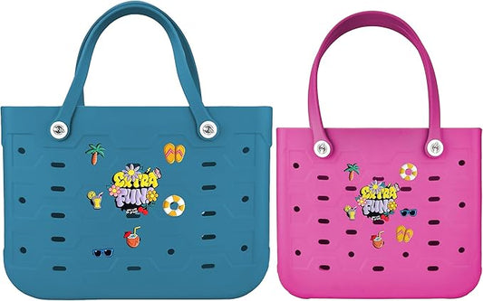 2-Piece Tote Bag Set, Waterproof Rubber Beach Bag with Summer Pattern, Medium & Large Handbag for Pool, Beach, Boat