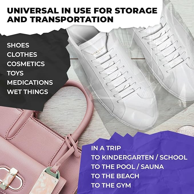 Clear Drawstring Travel Bag for Shoes. Waterproof Dust Bags for Shoes with Double Cotton Drawstrings. 2 mil PE Plastic Drawstring Bags for Packing, Storage