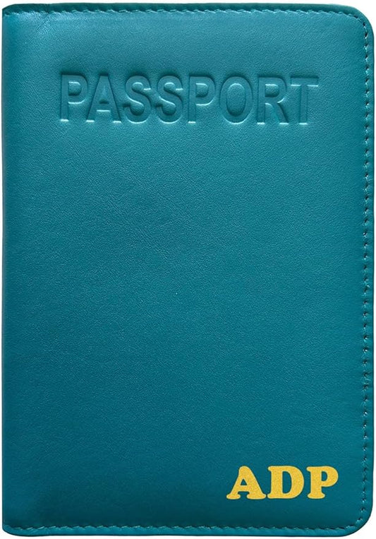 Personalized Monogrammed Teal Leather RFID Passport Cover Holder