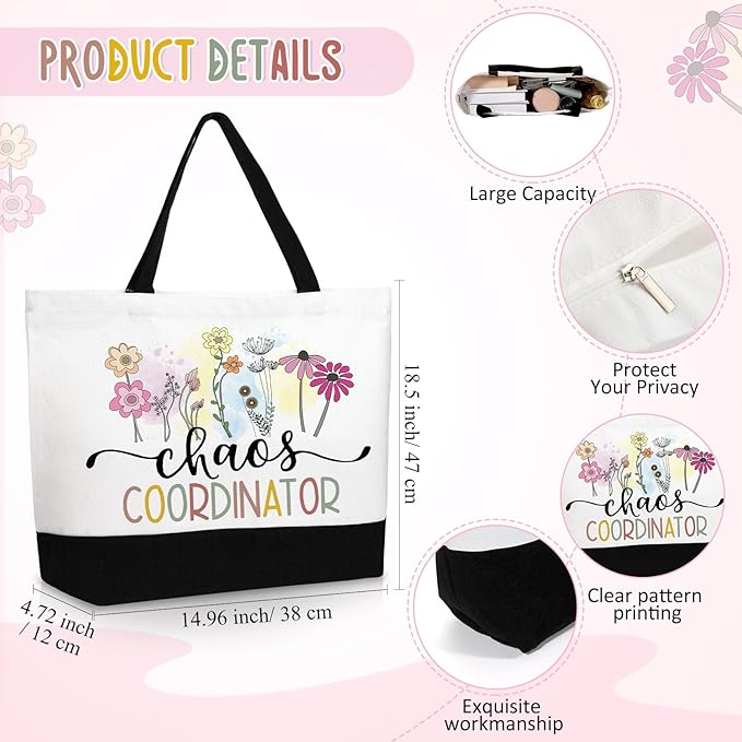 Kacctyen 3 Pcs Chaos Coordinator Gifts Fine Canvas Tote Bag Makeup Cosmetic Bag Chaos Coordinator Appreciation Keychains Gifts for Female Women Birthday