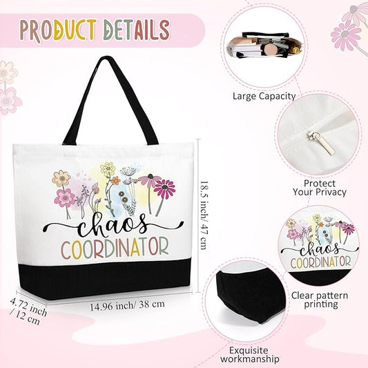 Kacctyen 3 Pcs Chaos Coordinator Gifts Fine Canvas Tote Bag Makeup Cosmetic Bag Chaos Coordinator Appreciation Keychains Gifts for Female Women Birthday
