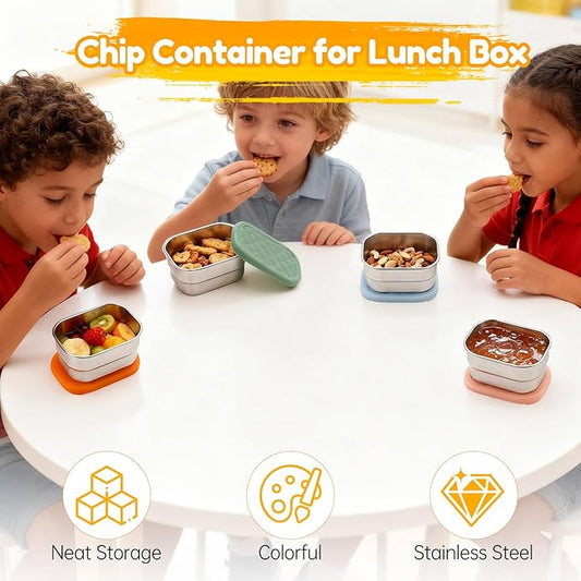 Fevbcnrj 4 Pack Stainless Steel Snack Containers, 8 oz Chip Container for Lunch Box, Easy Open No Leakage, Small Snack Containers with Silicone Lid, Stackable Metal Lunch Box for Outdoor and Travel