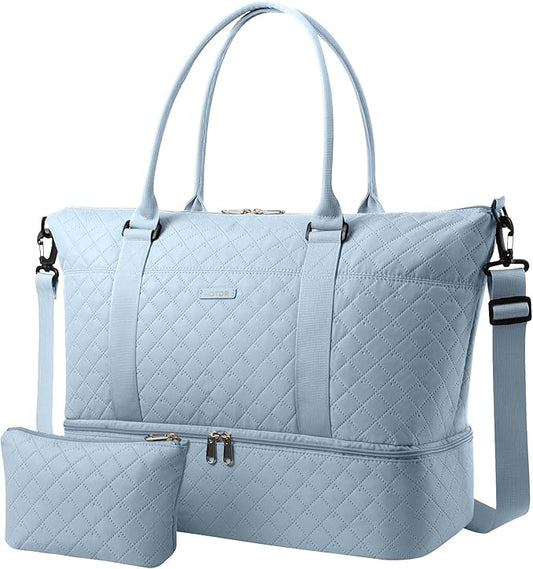 HOTOR Travel Duffel Bag - Weekender Bags for Women, Carry On Overnight Bag with Shoe Compartment, with Toiletry Bag for Travel Essentials and Travel Accessories, Blue, 13.4"×17.3"×7.9"