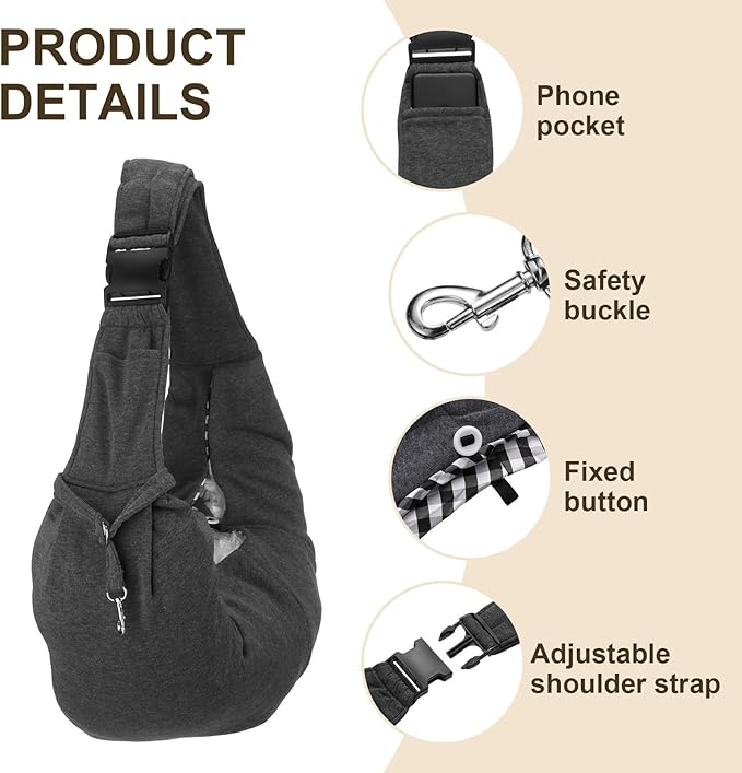 PETAXCELL Dog Sling Carrier for Small Dogs and Cats Up to 16.5 Lbs, Adjustable Buckle with Pocket Pet Sling Carrier Safety Harness, (Dark Gray, 1 Pcs) Intended for Outdoor/Camp/Travel