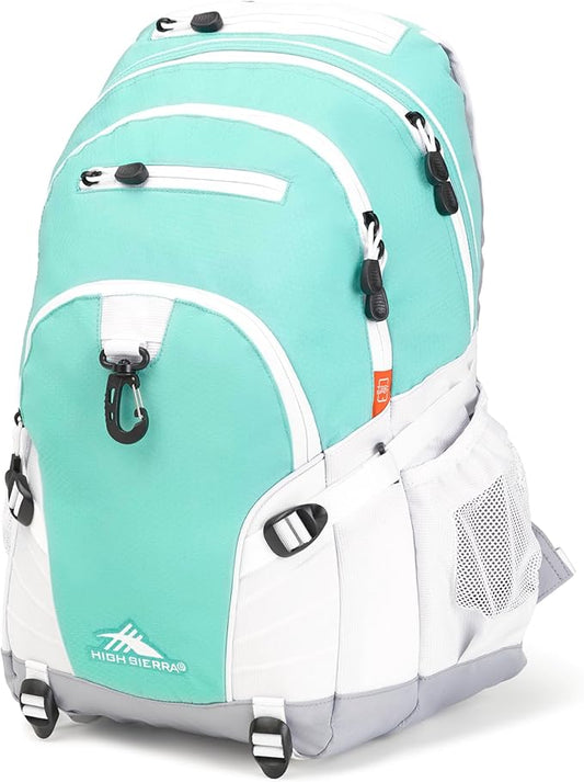 High Sierra Loop Backpack, Travel, or Work Bookbag with tablet sleeve, One Size, Aquamarine/White/Ash