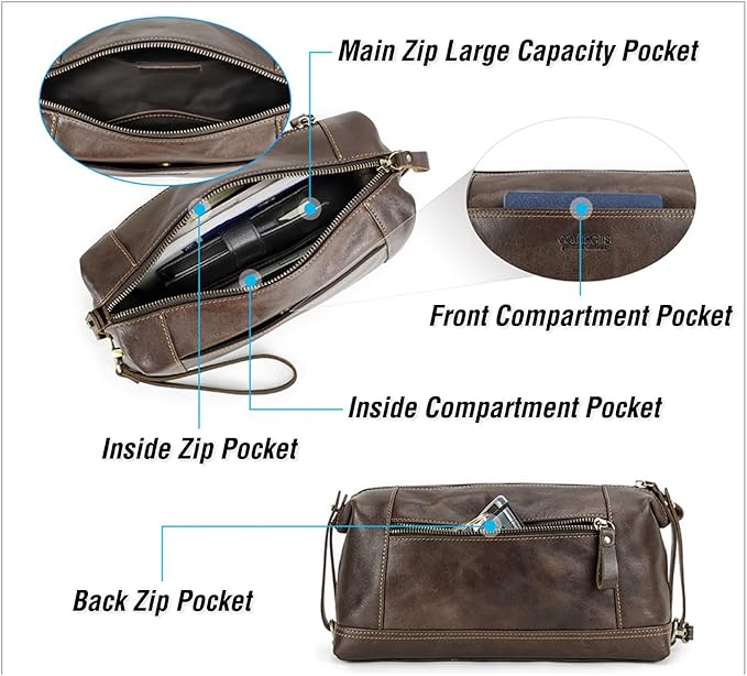 Travel Organizer Bag, Top Grain Leather, Handmade Vintage Design, Large Size & Multi Pockets, Portable Travel Storage Bag for Phone, USB Cable, Charger, Notebook, Cash, Cosmetics, Toiletries
