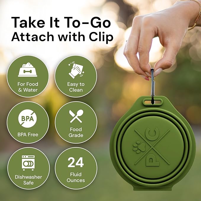 Pup Culture Dual Collapsible Dog Bowls | Silicone Travel Water Bowl for Dogs | Food Grade, No Plastic Rim, Portable Dog Bowl for Food and Water - Easy to Clean | BPA Free and Safe for Your Pup-Green