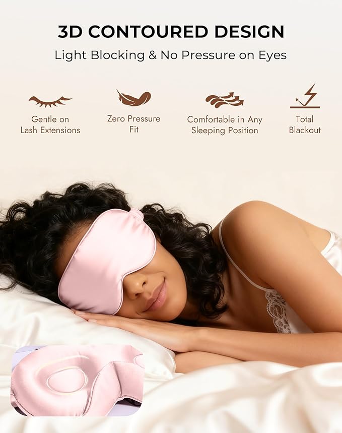 SilkSilky 100% 22 Momme Mulberry Silk Sleep Mask – Upgraded 3D Contoured Eye Mask with Nose Wing Pads & Adjustable Strap, Luxury Blackout Eye Cover for Women & Men (Pink)