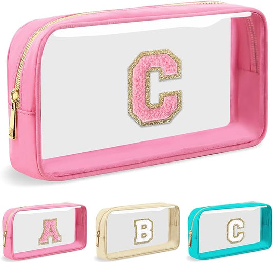 Personalized Initial Letter Clear Makeup Bag,Preppy Small Nylon&PVC Cosmetic Zipper Bag with Chenille Letter,Portable Beach Travel Skincare Toiletry Bag,Trendy Monogram Gift for Teen Girls Women,C