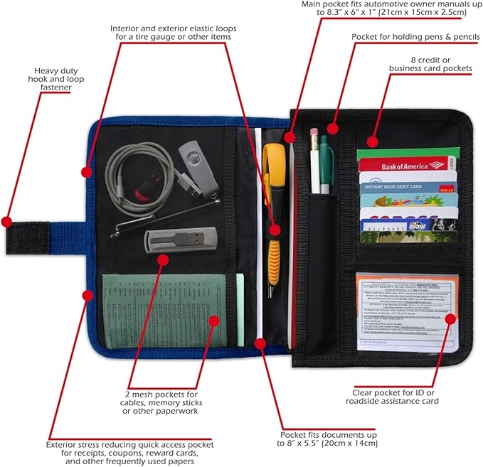 Glove Box Compartment Organizer - Car Document Holder - Owner Manual Case Pouch - Vehicle Storage Wallet for Registration & Insurance Card - Premium Auto Paperwork Holder - Log Book included - Blue