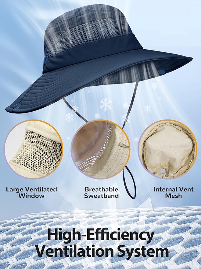 Sun Bucket Beach Hats for Women with Ponytail Hole,Sun Protection UV UPF50+ Waterproof Fishing Safari Hiking Hat