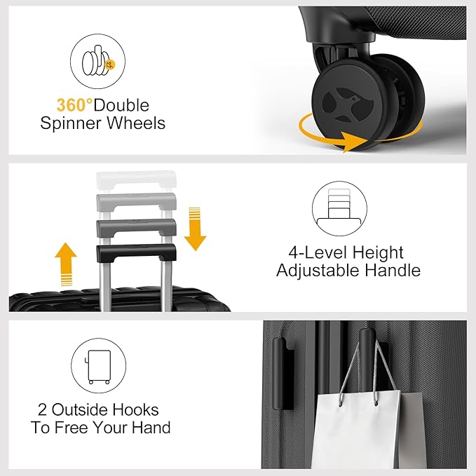 MGB Hardside Checked Luggage with Wheels, Lightweight Durable Medium Luggage with TSA Lock, PC Hard Shell Suitcase for Travel with 360°Double Spinner Wheels