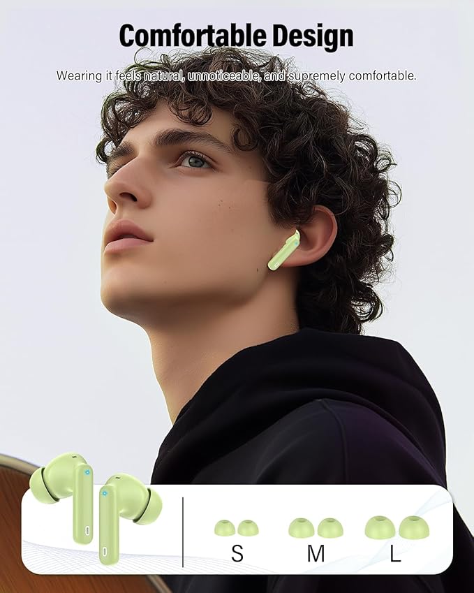 Wireless Earbuds, Bluetooth 5.4 Headphones Bass Stereo, Ear Buds with Noise Cancelling Mic, LED Display in Ear Earphones Clear Calls, IP7 Waterproof Bluetooth Earbuds for Laptop/Phones, Grass Green