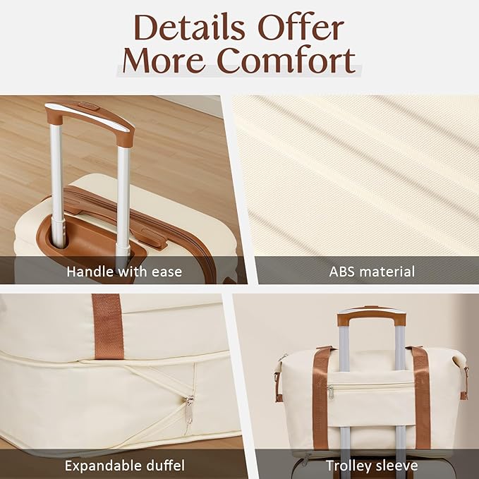 COOLIFE Luggage Carry On Luggage Suitcase Softside Wheeled Luggage Lightweight Rolling Travel Bag, White, 3 Piece Set (DB/TB/20), Luggage Set with Bags