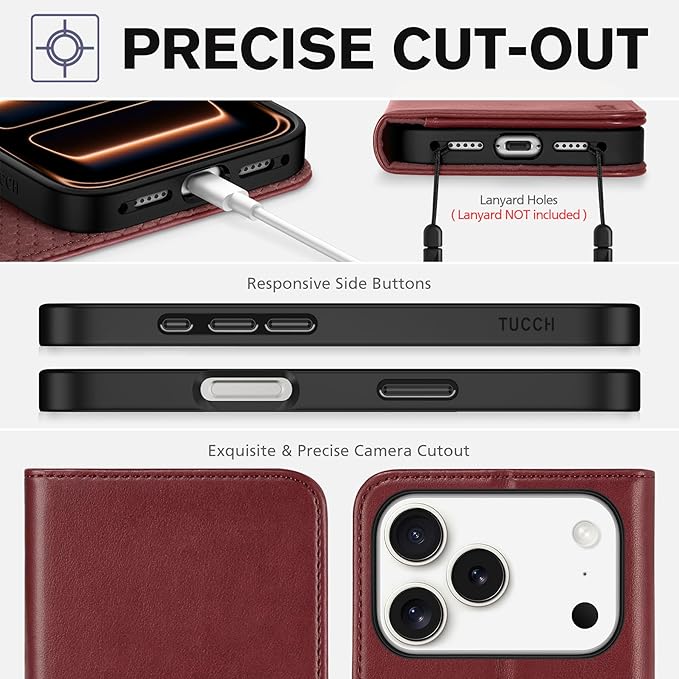 TUCCH Wallet Case for iPhone 17 Pro (6.3") 2025, 3 Credit Card Slot | RFID Blocking | Stand | PU Leather | Protective Flip Folio Cover | Shockproof TPU Interior Shell | Deep Red