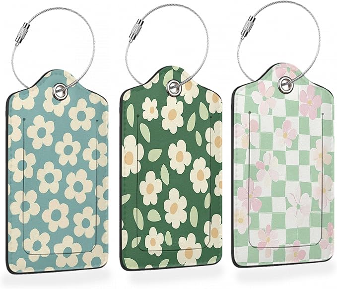 Vintage Cream Daisy 3 Pack PU Leahter Luggage Tag with Stainless Steel Loop, Pastel Pink Floral Checkerboard Travel Suitcase Labels with Privacy Cover ID Label Quickly Spot for Bags