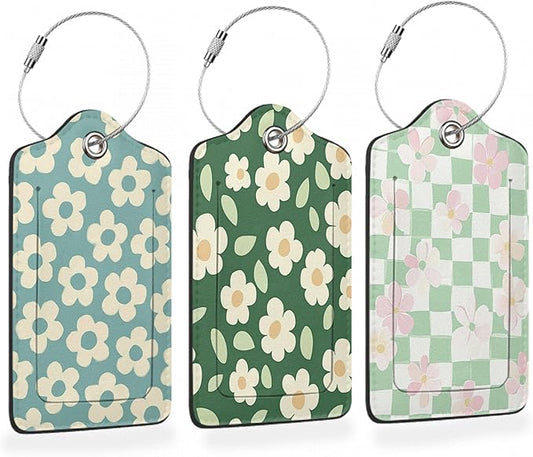 Vintage Cream Daisy 3 Pack PU Leahter Luggage Tag with Stainless Steel Loop, Pastel Pink Floral Checkerboard Travel Suitcase Labels with Privacy Cover ID Label Quickly Spot for Bags