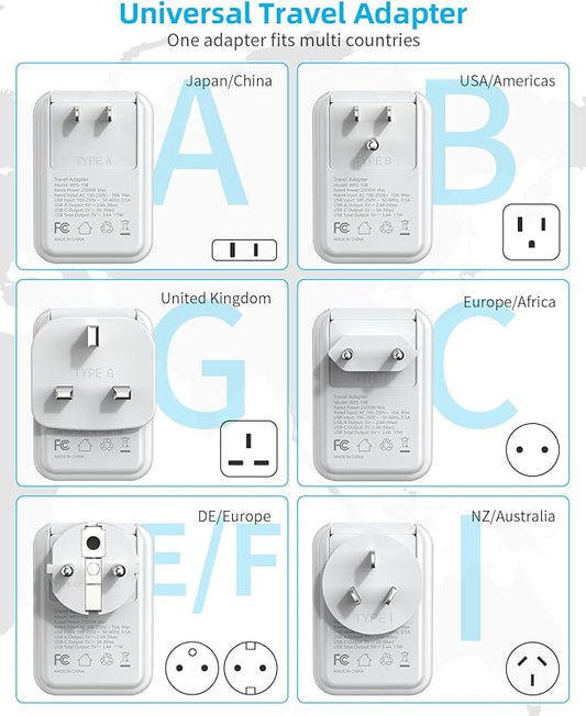 International Power Adapter Set, US to EU/UK/AUS/Japan Universal Travel Adapter- 4 AC Outlets 4 USB Ports (2 USB C), Worldwide Travel Plug Adapter Kit Include Type F/G/I/C/B/A Detachable Charger Plug