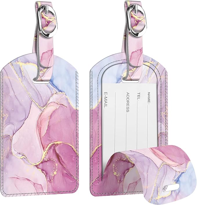 FINTIE 2 Pack Luggage Tags, Leather Name ID Labels with Privacy Cover for Travel Bag Suitcase, Theme - Glittering Marble