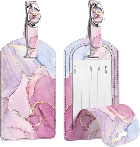 FINTIE 2 Pack Luggage Tags, Leather Name ID Labels with Privacy Cover for Travel Bag Suitcase, Theme - Glittering Marble