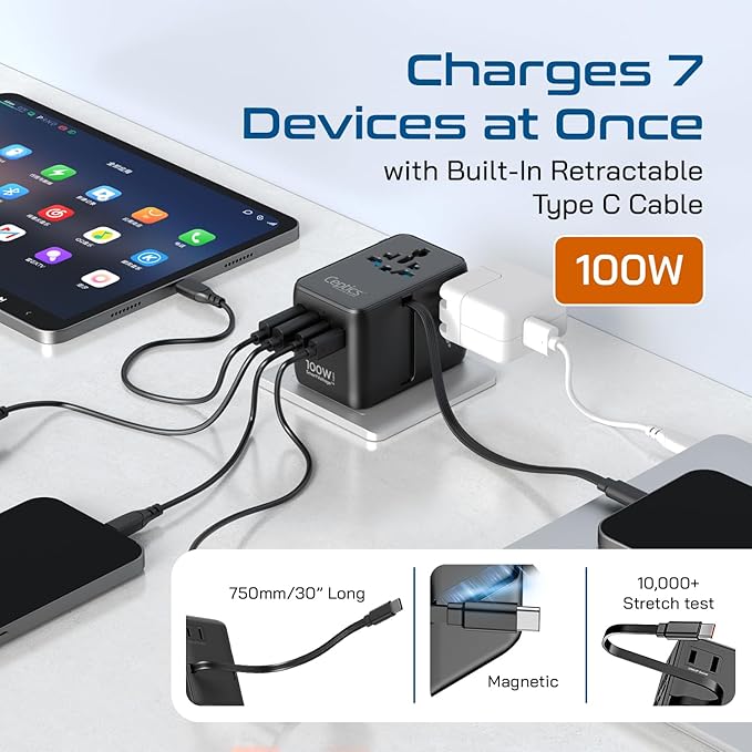 Ceptics GAN 100W Universal Travel Adapter with Retractable USB-C Cable, 2X USB-A & C, Universal Input and 1x USA/JP Input, 7 in 1 Universal Adapter for Worldwide Travel - Type A, C, G, I Output
